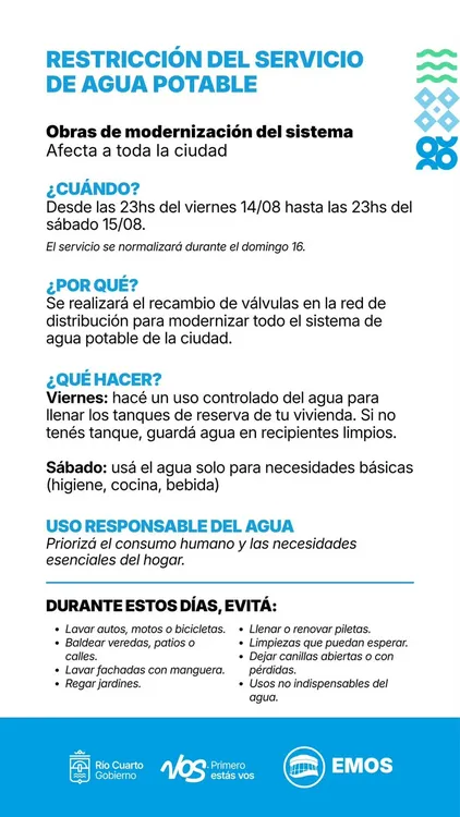 REGION OBJETIVO FOTO RIO CUARTO ANUNCIO BAJA PRESION AGUA