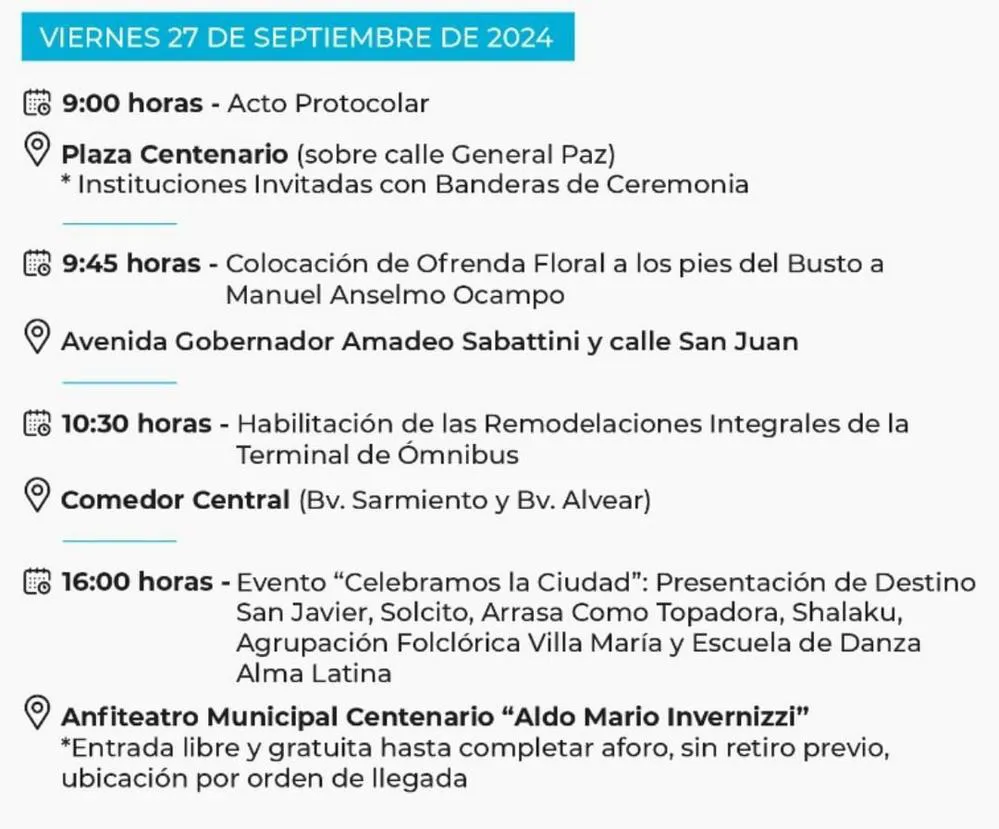 REGION OBJETIVO FOTO VILLA MARIA PROGRAMA ACTOS ANIVERSARIO CIUDAD 2024